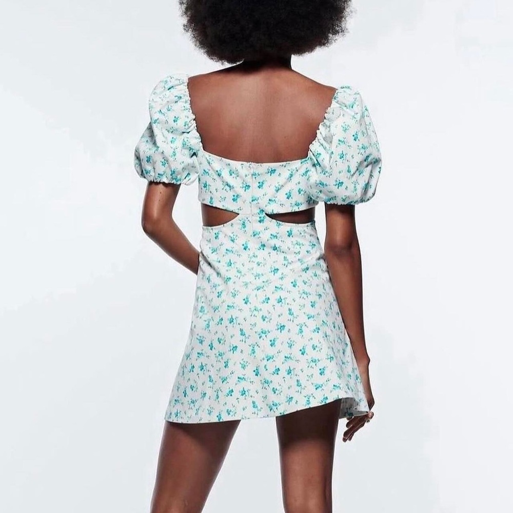 Zara Floral Cut Out Dress Green/Blhe Puff Sleeve Sundress